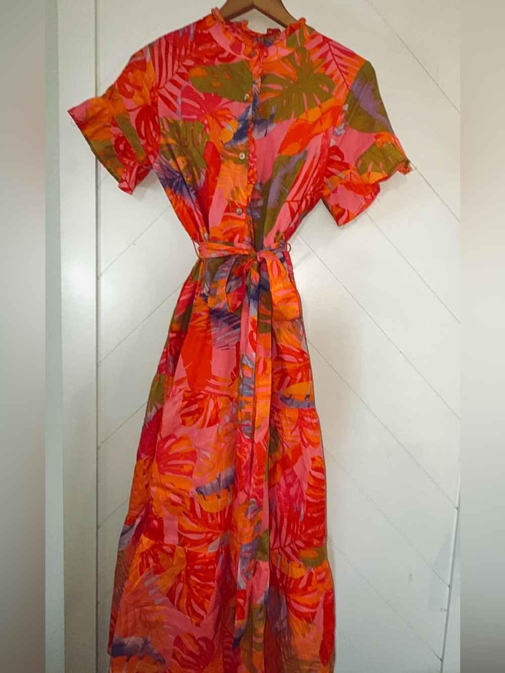 J.Marie $172 Eden Printed Ruffle High Neck Tie Waist A-Line Midi Dress medium - Picture 5 of 11